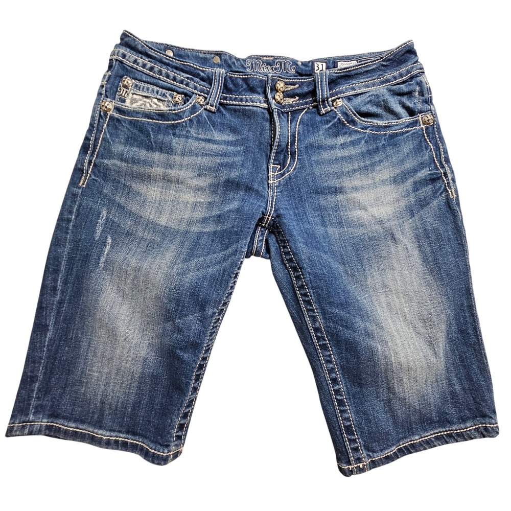 Miss Me Bermuda Denim Shorts Women 31 Blue Lace Embroidered JP5002BM-19